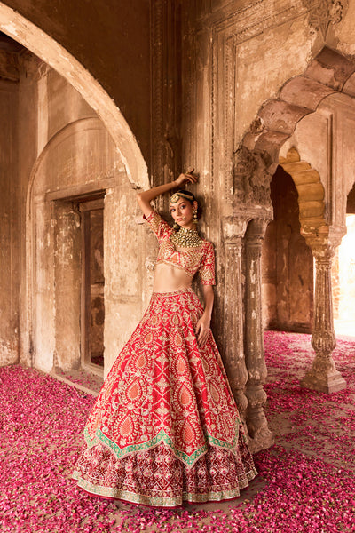 "Agasthi" Red Raw Silk Zardosi Embroidered Double Layer Bridal Lehenga Set