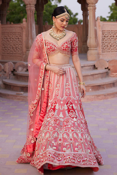 "Anamika" Coral Zardosi Hand Embroidered Bridal Lehenga Set