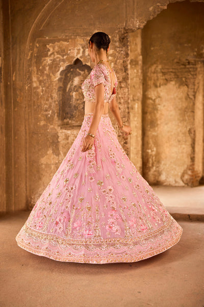 "Ananti" Pink & Golden Floral And Scallop Zardosi Embroidered Lehenga Set