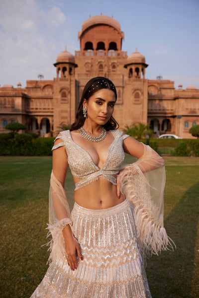 "Armina" Silver Sequin And Crystal Beads Hand Embroidered Lehenga Set With Cape