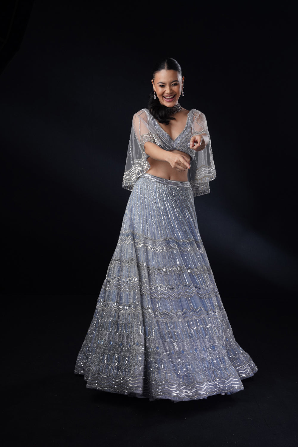 "Ira" Celestial Blue Geometric Lehenga Set With Cape