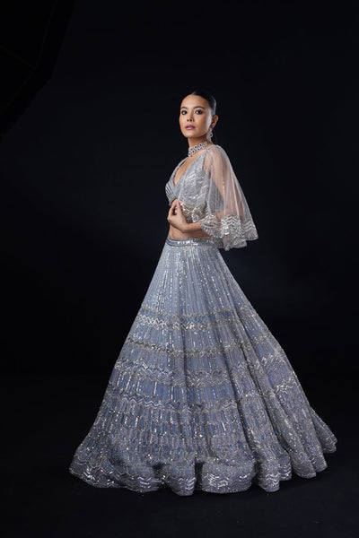 "Ira" Celestial Blue Geometric Lehenga Set With Cape