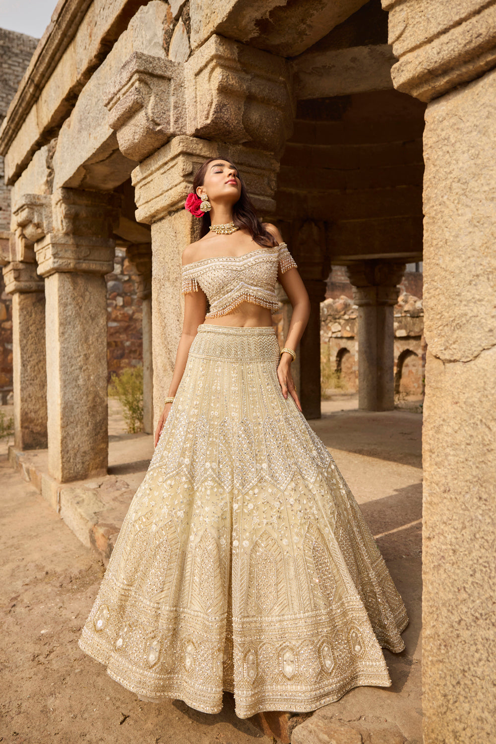 "Celine" Silver Golden Hand Embroidered Lehenga Set With Offshoulder Blouse