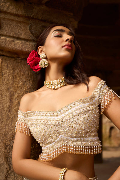 "Celine" Silver Golden Hand Embroidered Lehenga Set With Offshoulder Blouse