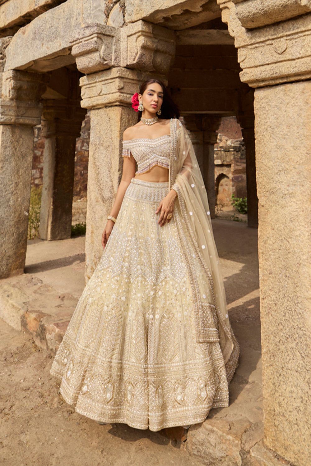 "Celine" Silver Golden Hand Embroidered Lehenga Set With Offshoulder Blouse