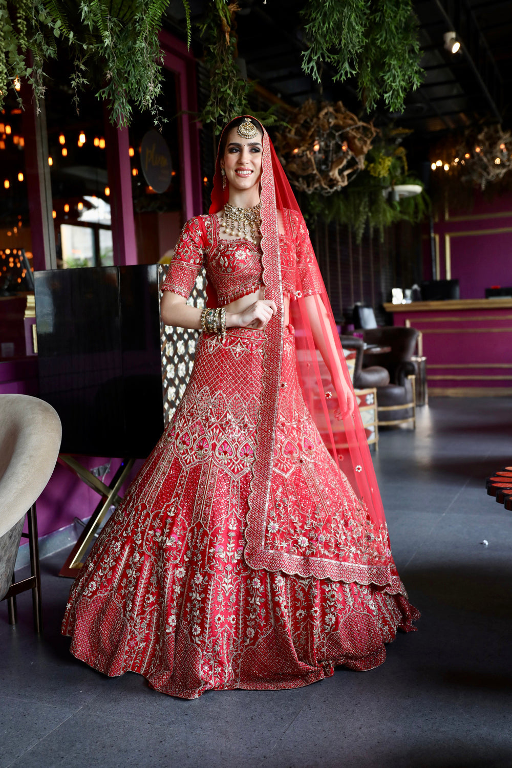 "Charlotte" Red Raw Silk Zardosi Embroidered Bridal Lehenga Set