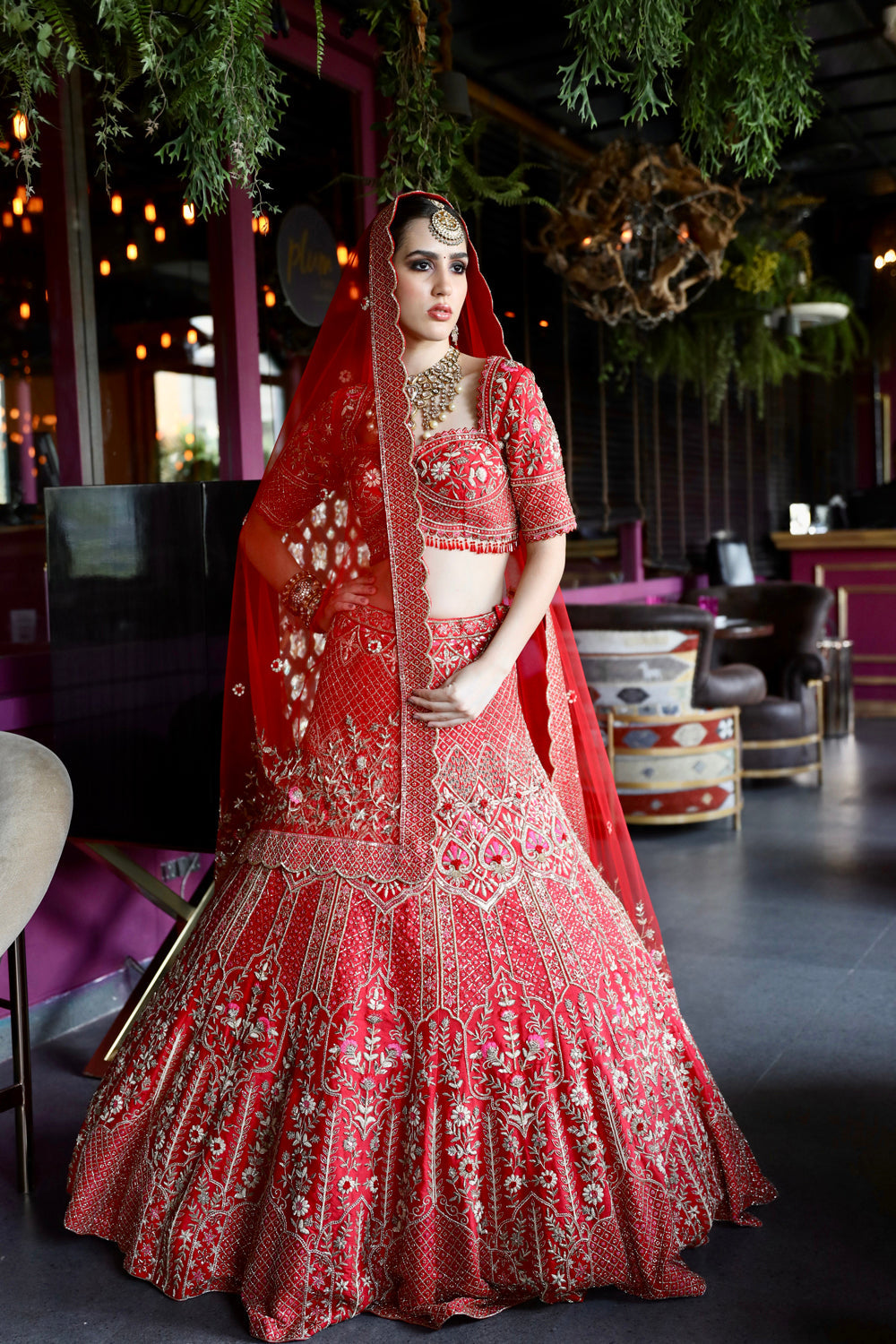 "Charlotte" Red Raw Silk Zardosi Embroidered Bridal Lehenga Set