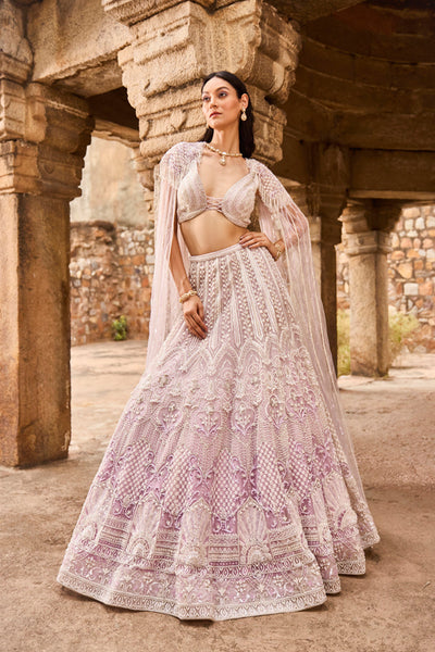 "Dhisana" Pearl Work Purple Hand Embroidered Lehenga Set With Cape