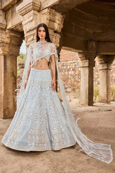 "Elisa" Pearl Work Blue Hand Embroidered Lehenga Set With Feathered Cape