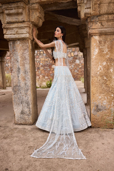 "Elisa" Pearl Work Blue Hand Embroidered Lehenga Set With Feathered Cape