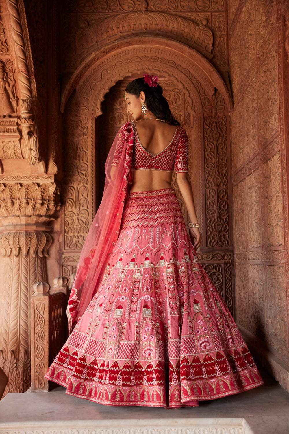 "Enice" Pink And Red Hand Embroidered Lehenga Set