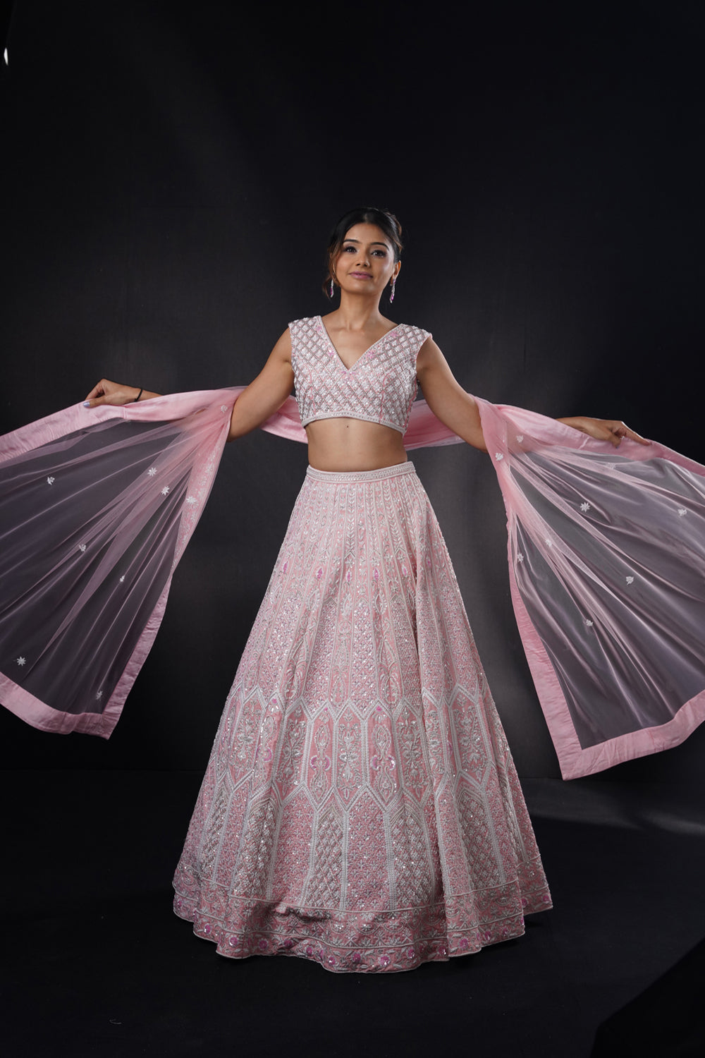 "Pink Moon" Pink Lehenga Set With Ivory Resham Threadwork And Pearl