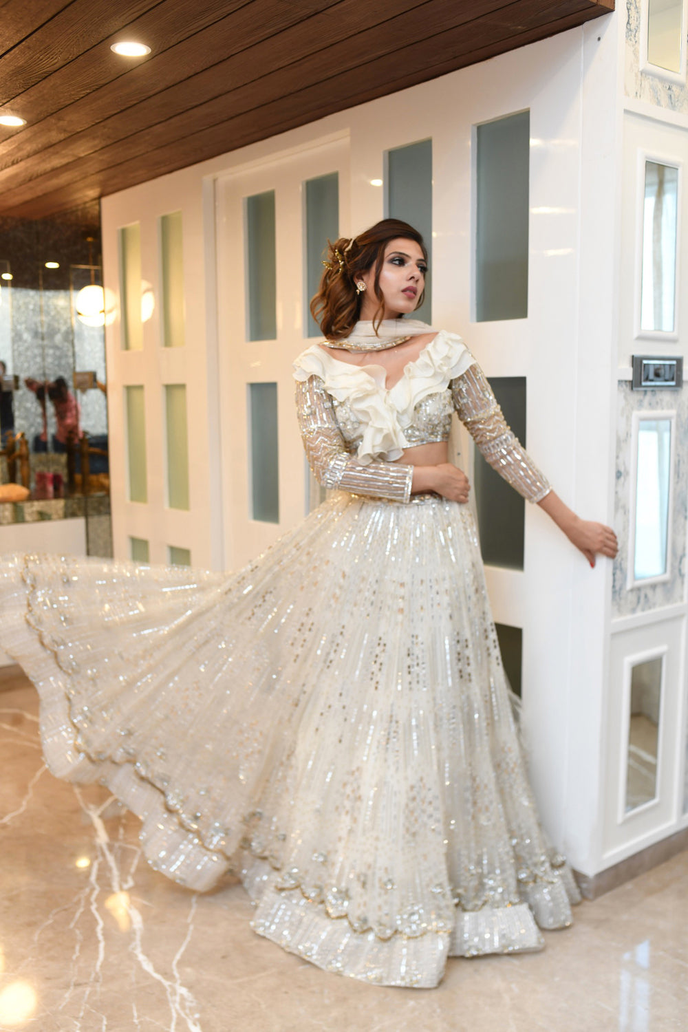 "Gabriella" Ivory Lehenga With Crystal And Sequin Hand Embroidery Lehenga Set