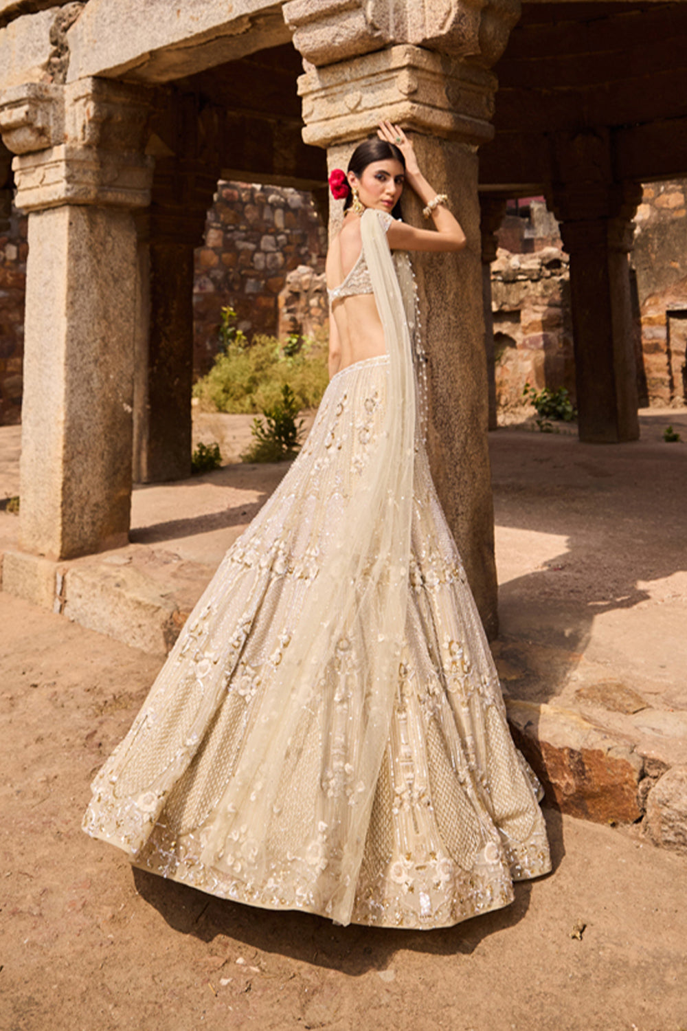 "Gaia" Golden & Ivory Resham Hand Embroidered Lehenga Set