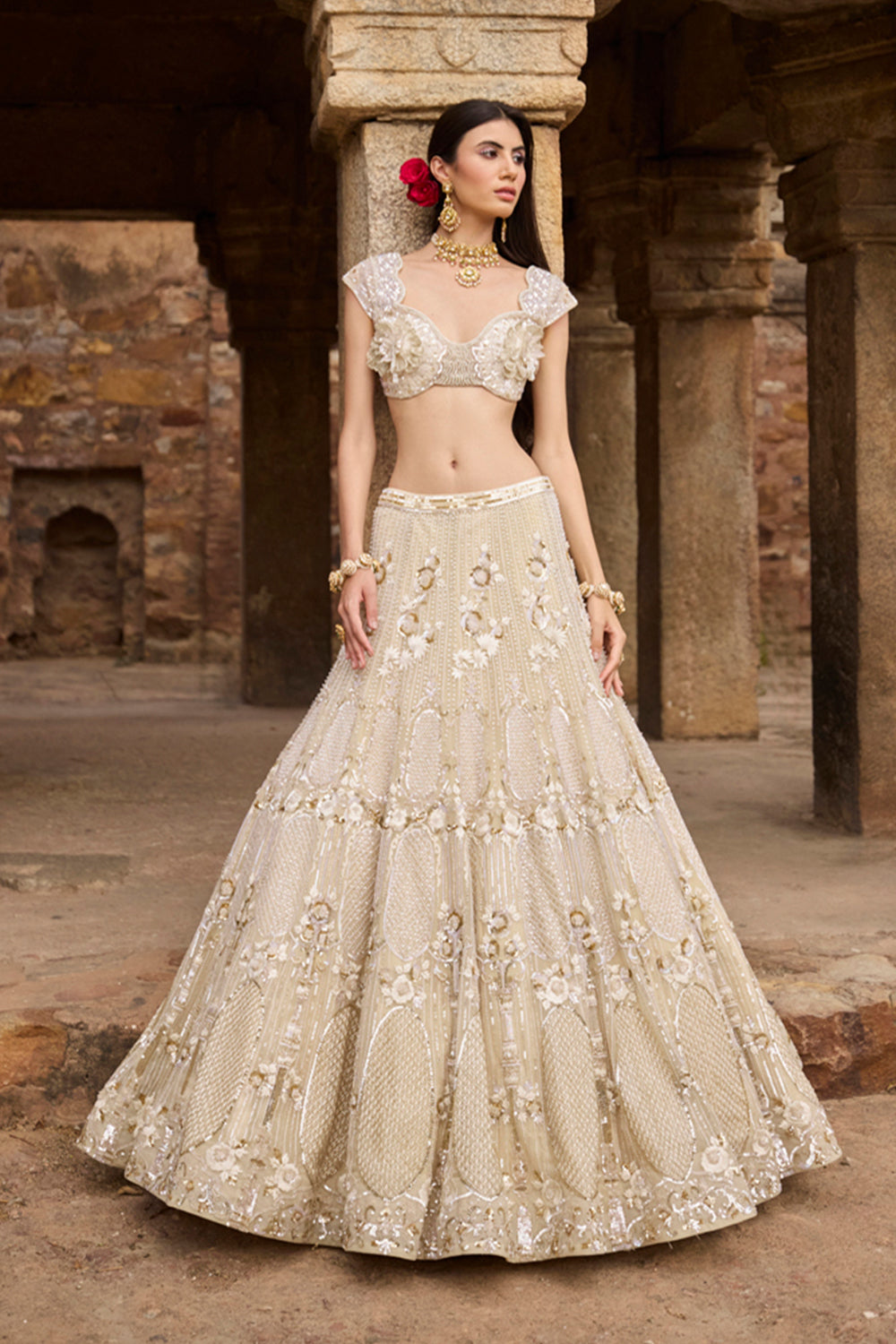 "Gaia" Golden & Ivory Resham Hand Embroidered Lehenga Set