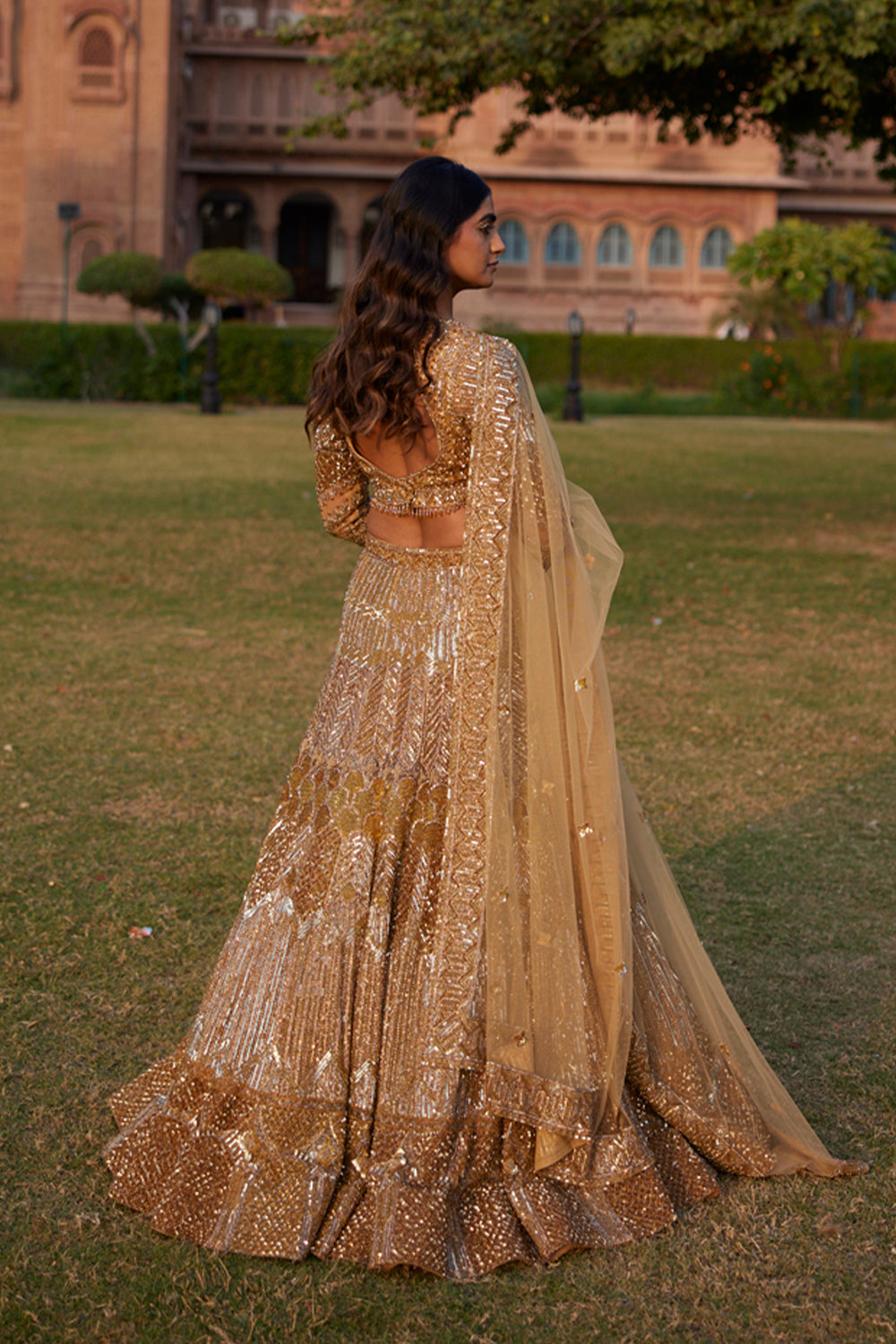 "Hanika" Golden Sequin & Crystal Beads Embellished Lehenga Set