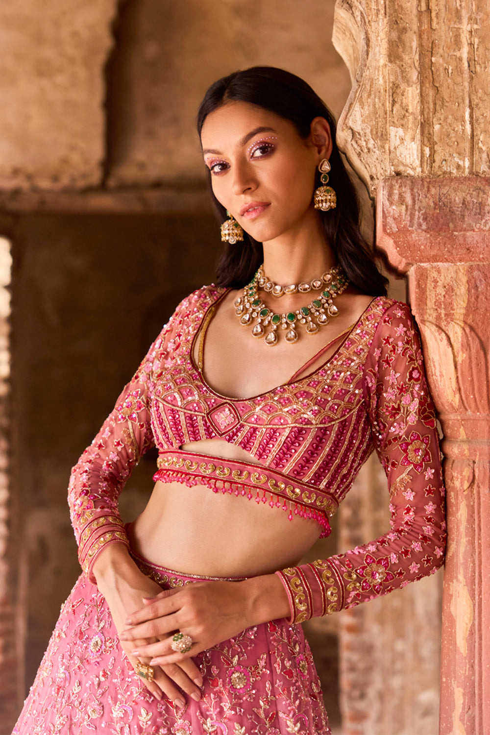 "Ilianna" Pink And Red Floral Hand Embroidered Organza Lehenga Set