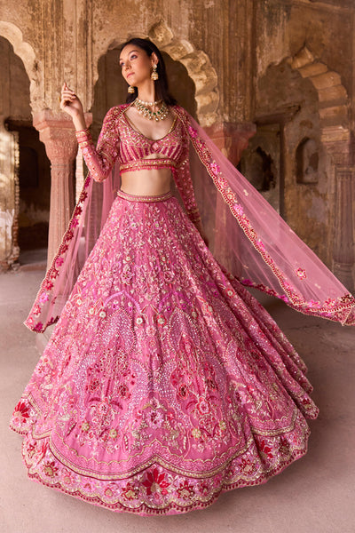 "Ilianna" Pink And Red Floral Hand Embroidered Organza Lehenga Set