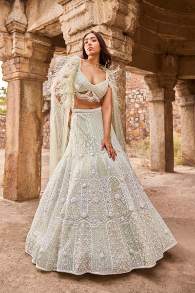 "Inaya" Pearl Work Pastel Green Hand Embroidered Lehenga Set With Feathered Cape