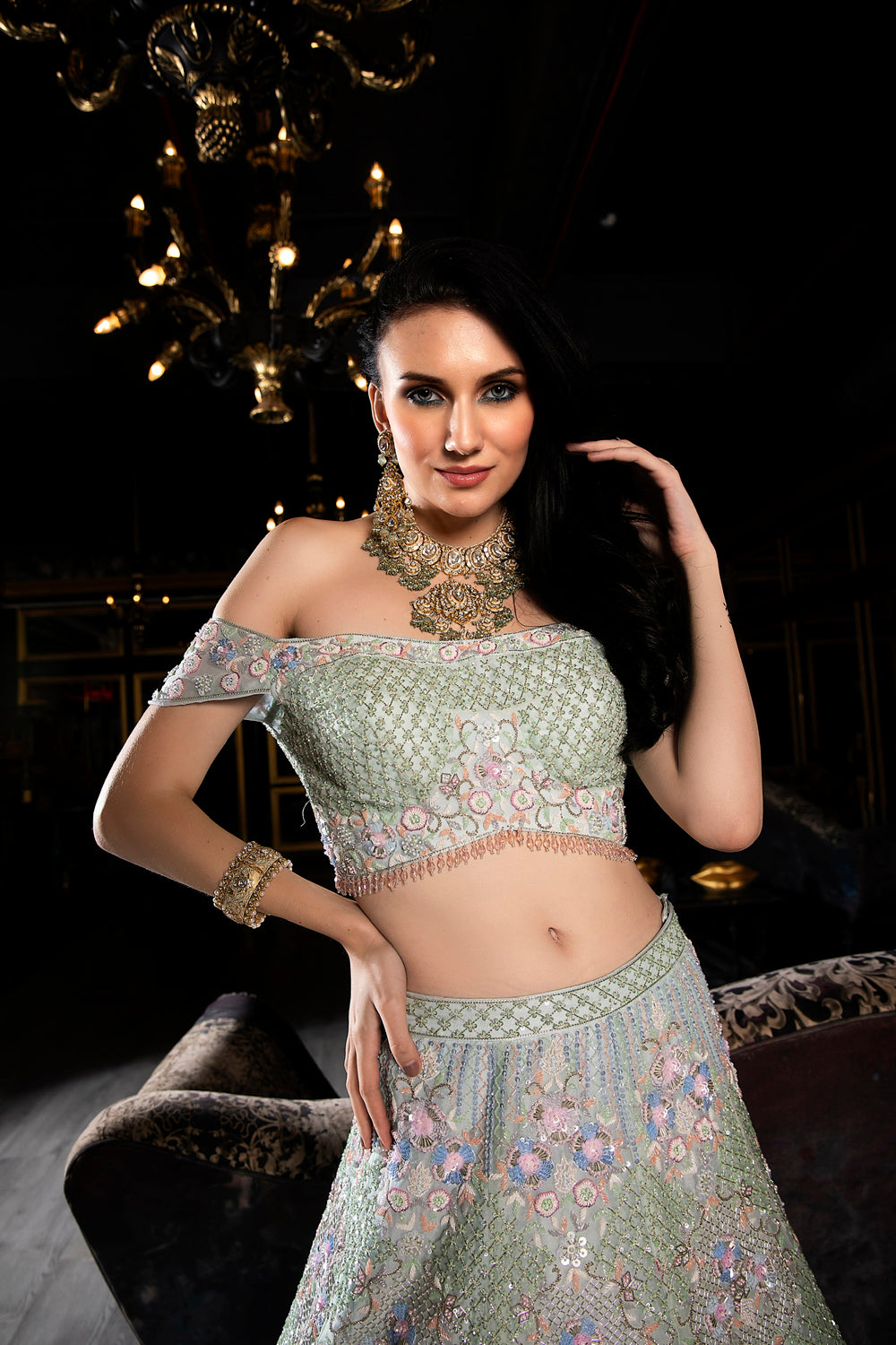 "Isabelle" Sea Green Sequin Embellished Lehenga Set