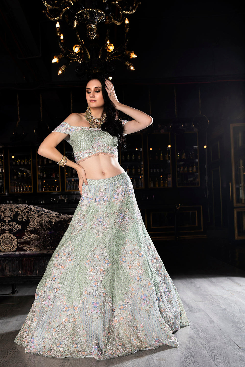 "Isabelle" Sea Green Sequin Embellished Lehenga Set