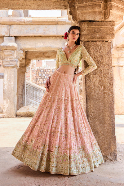 "Julia" Pastel Pink & Sea Green Zardosi And Sequin Embroidered Organza Lehenga Set