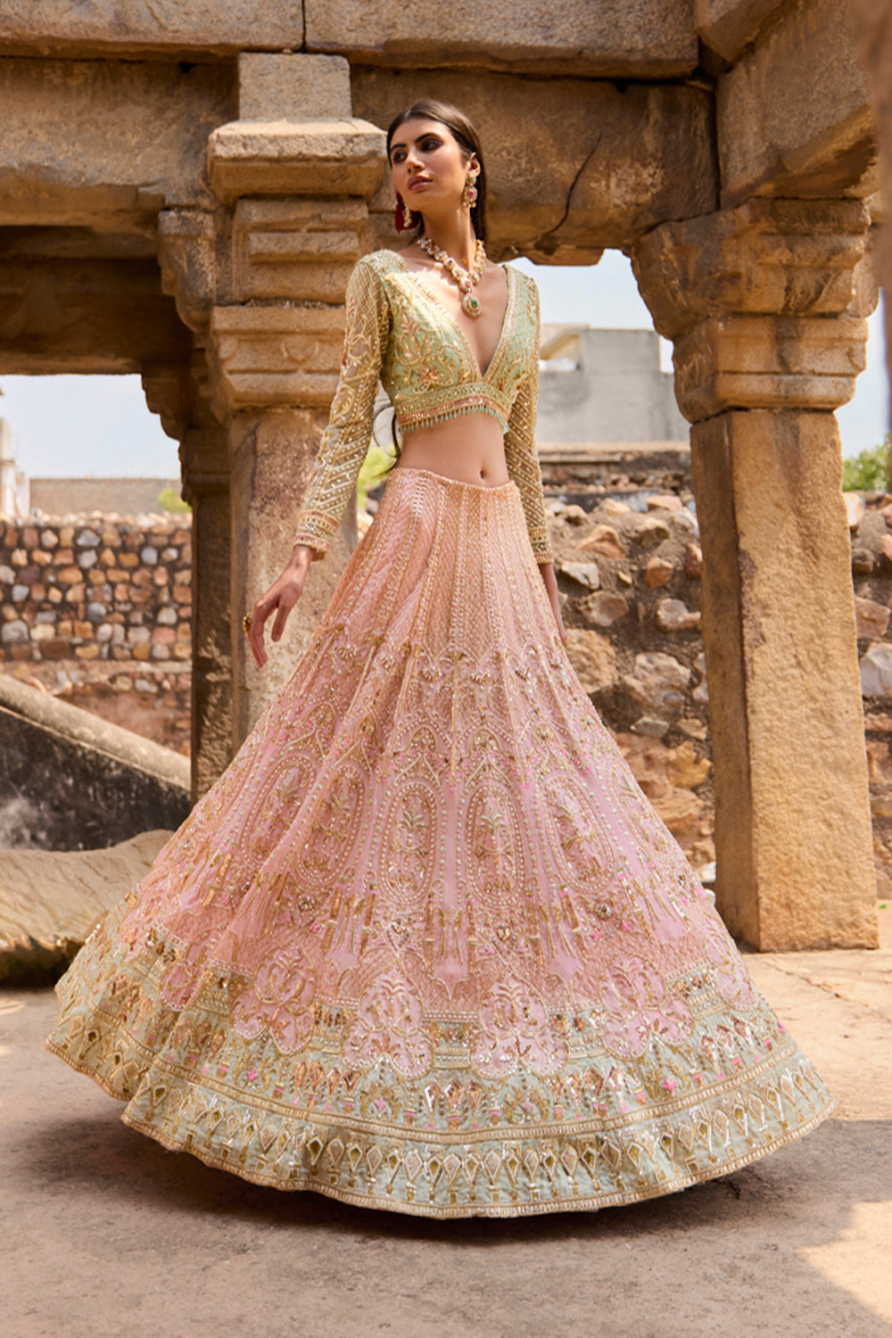 "Julia" Pastel Pink & Sea Green Zardosi And Sequin Embroidered Organza Lehenga Set