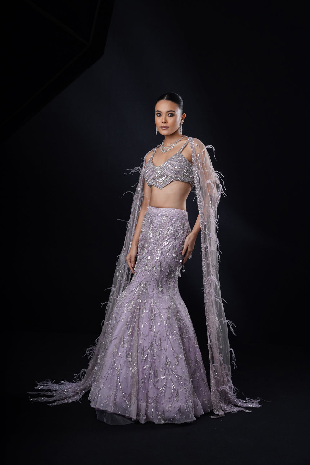 "Rayna" Purple Fishcut Embroidered Lehenga Set With Cape