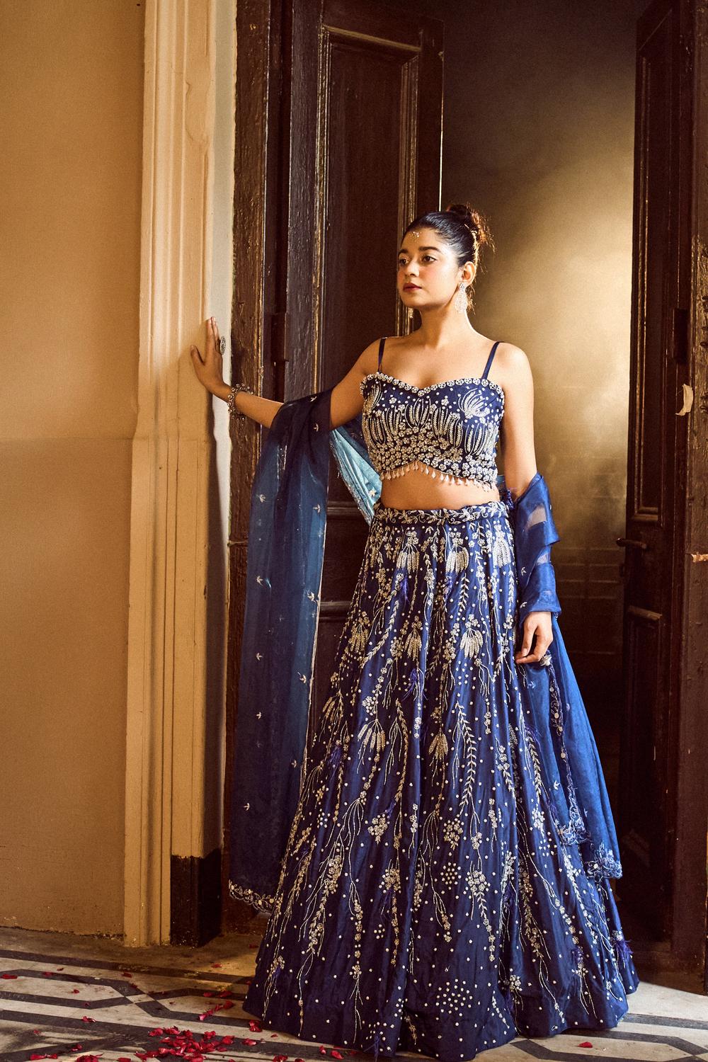 Navy Blue Falling Design Lehenga Set