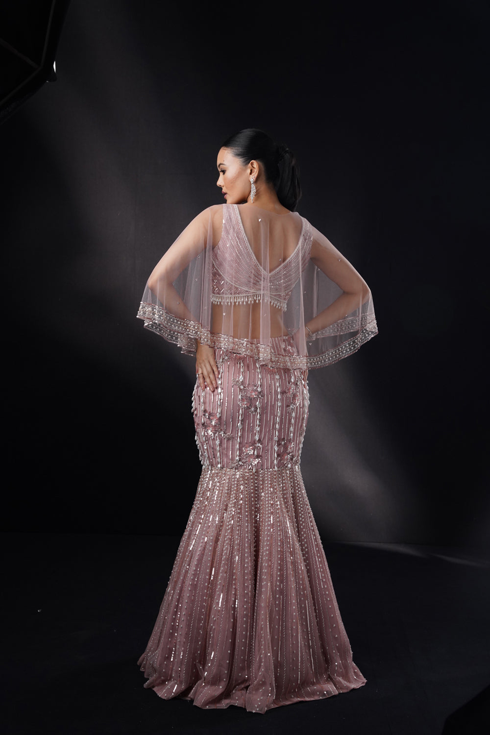 "Elise" Bronz Fishcut Pearl Lehenga Set With Cape