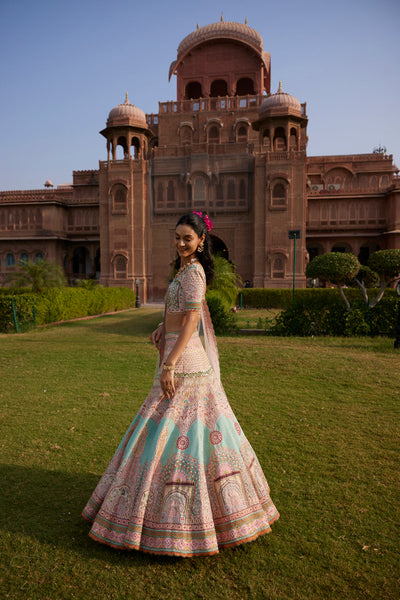 "Meenakari" Pastel Pink And Sea Green Hand Embroidered Lehenga Set