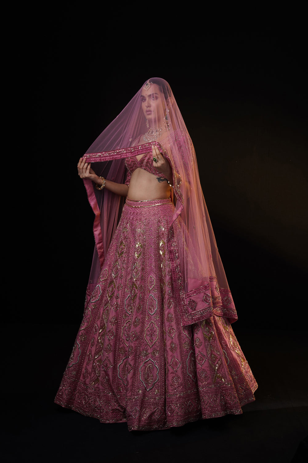 "Vania" Pink Tissue Lehenga Set With Dupatta