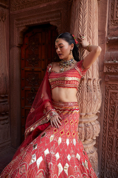 "Randhra" Coral Hand Embroidered Lehenga Set