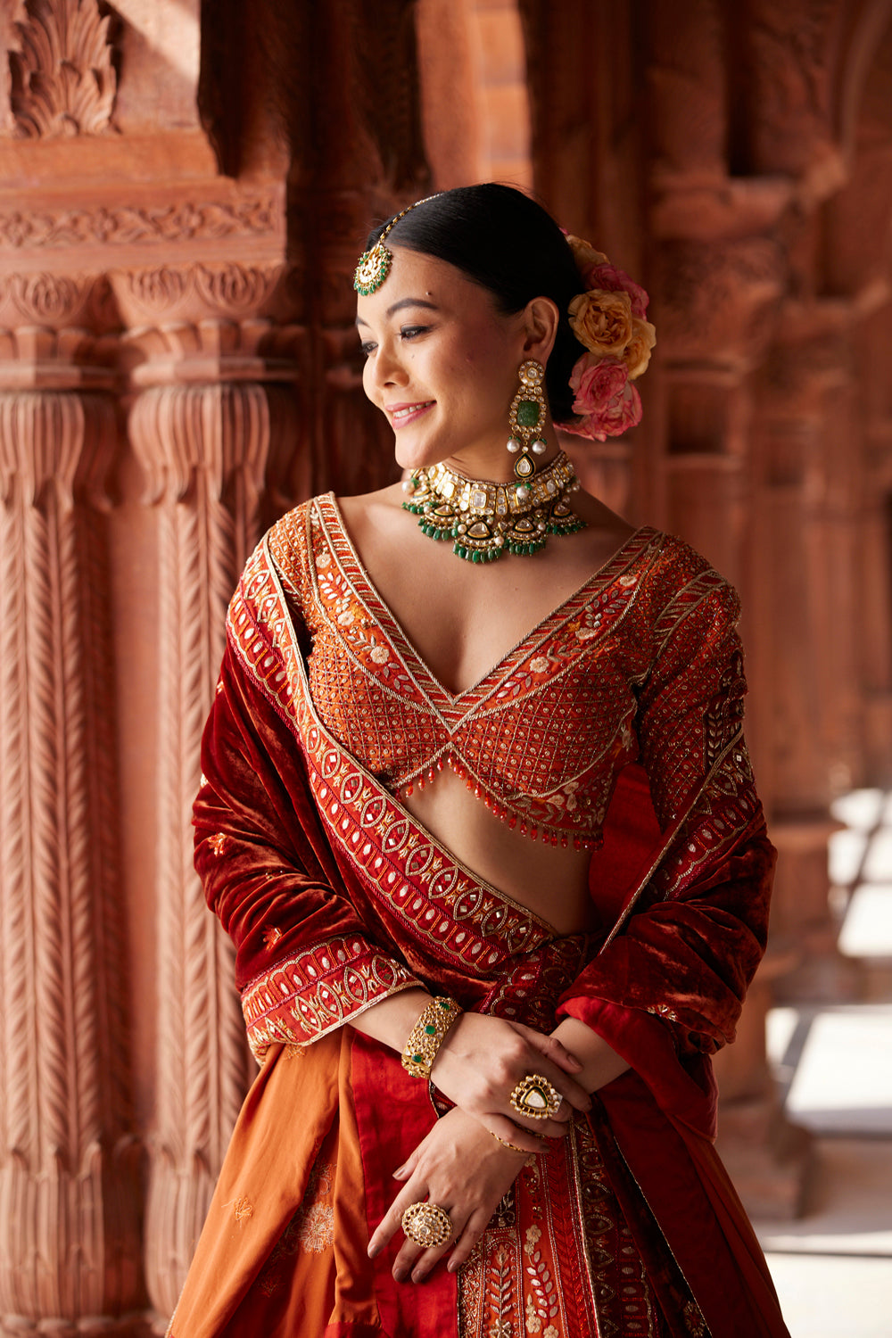 "Rewati" Rust Bridal Lehenga & Velvet Dupata