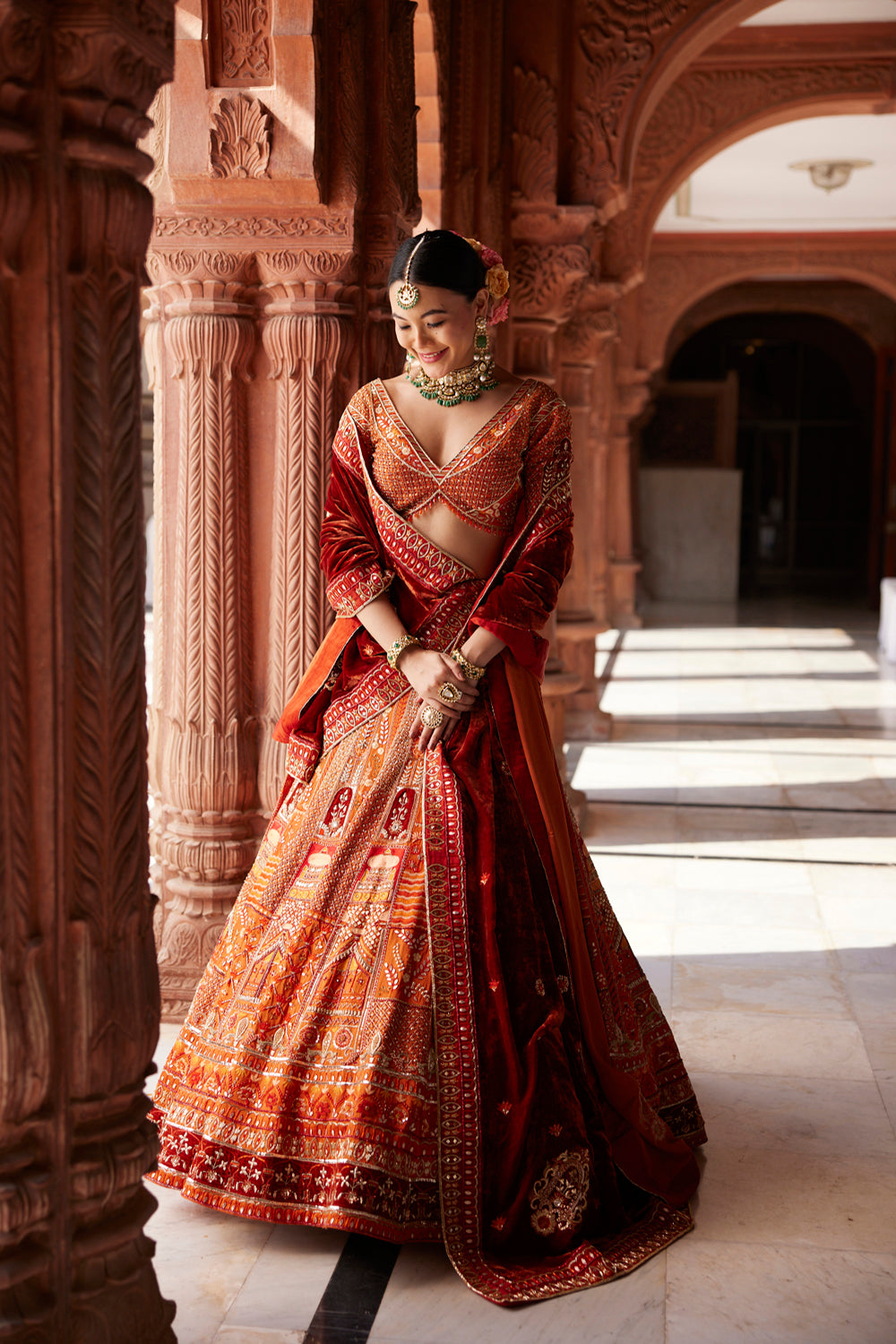 "Rewati" Rust Bridal Lehenga & Velvet Dupata