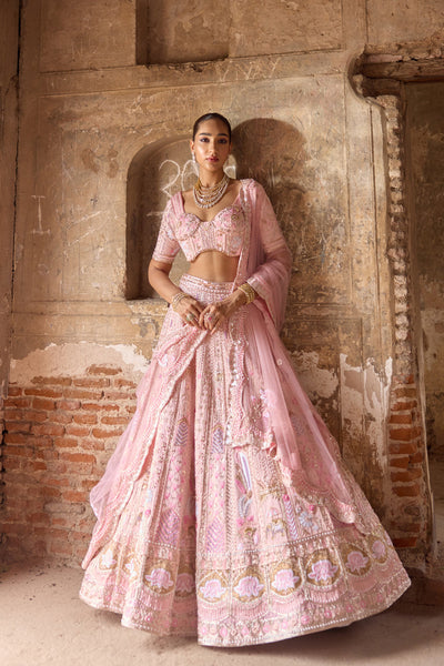 "Saasha" Pink Lotus And Elephant Motif Zardosi Bridal Lehenga Set