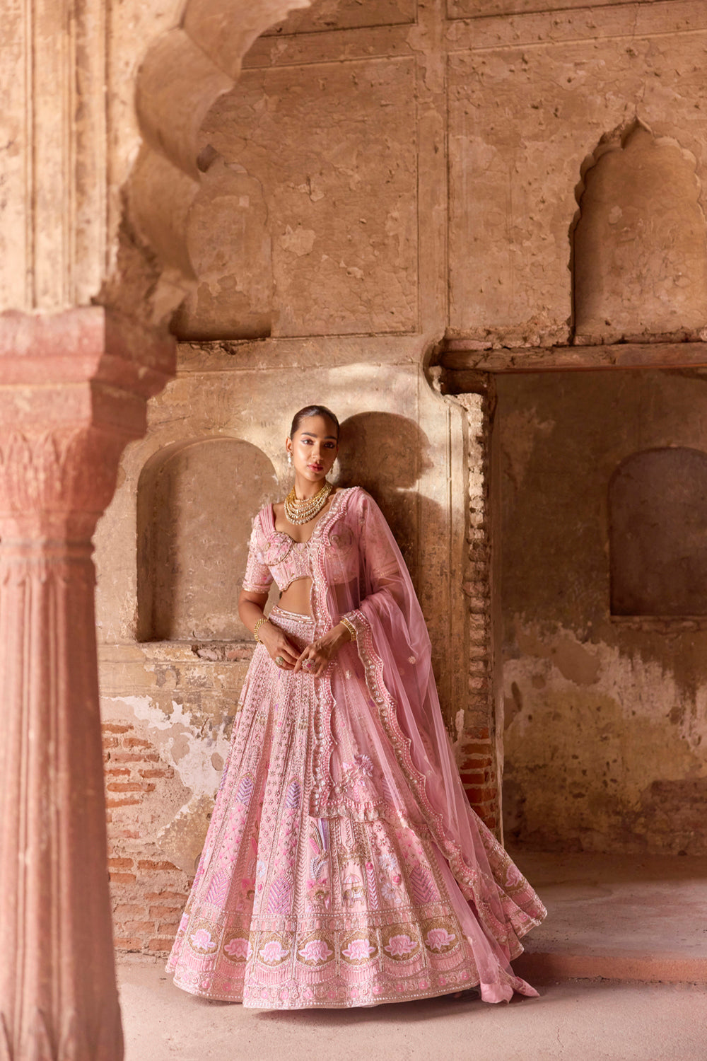 "Saasha" Pink Lotus And Elephant Motif Zardosi Bridal Lehenga Set