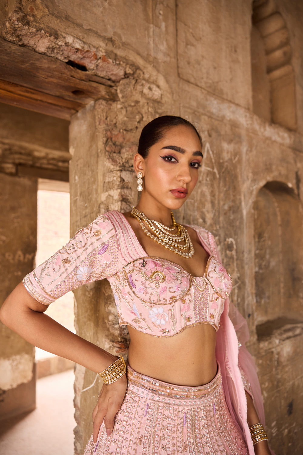 "Saasha" Pink Lotus And Elephant Motif Zardosi Bridal Lehenga Set