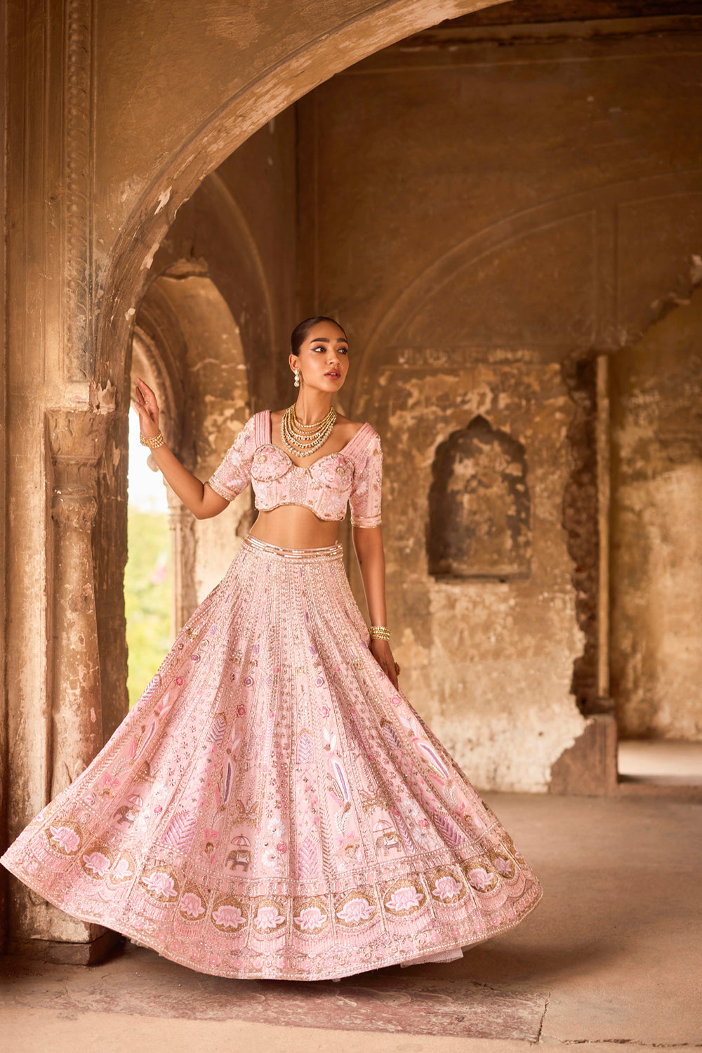 "Saasha" Pink Lotus And Elephant Motif Zardosi Bridal Lehenga Set