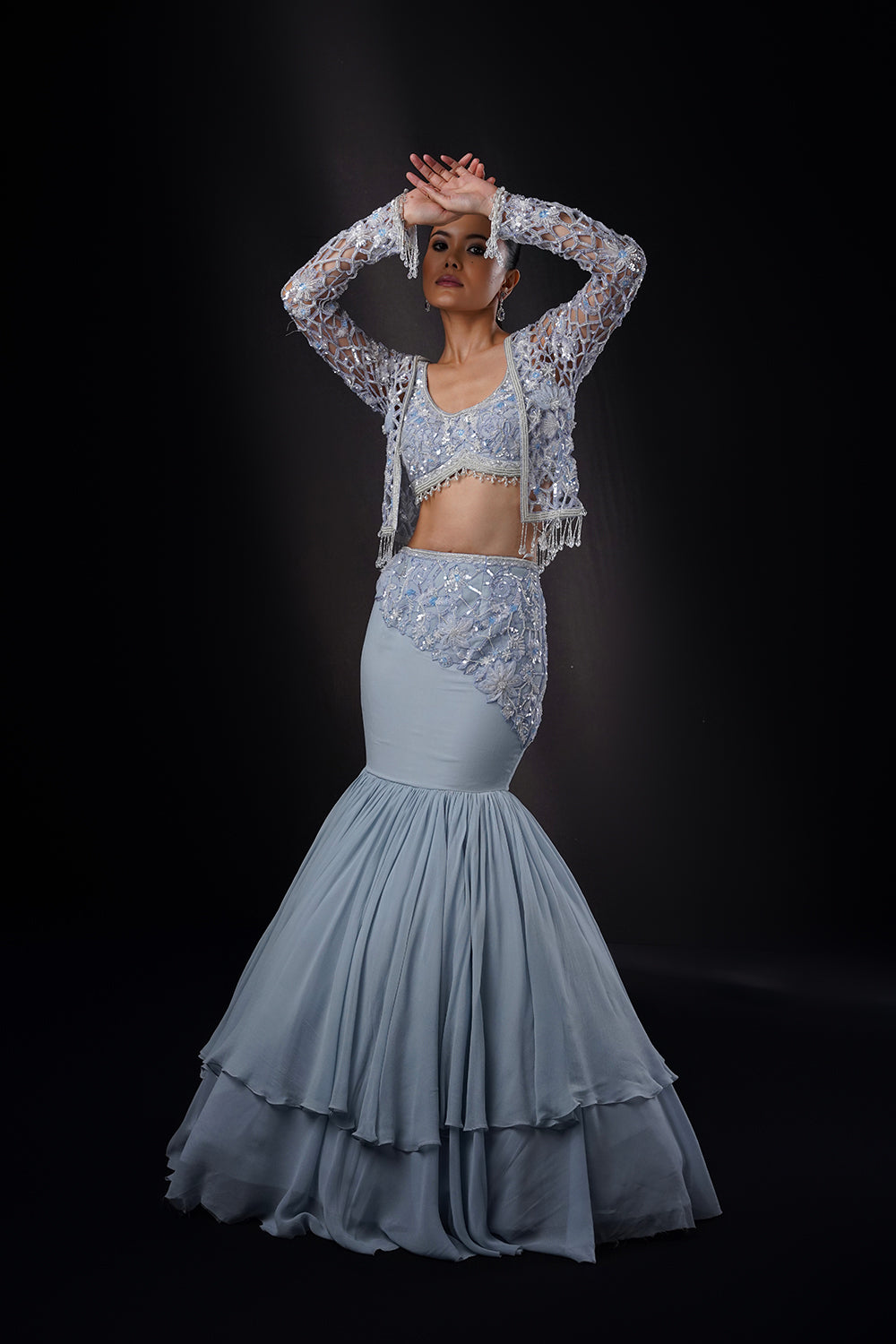 "Zinnia" Sky Blue Cutwork Jacket Fiscut Lehenga Set