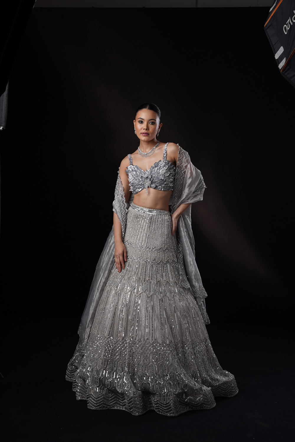 "Quartz" Grey Geometric Lehenga Set With Dupatta