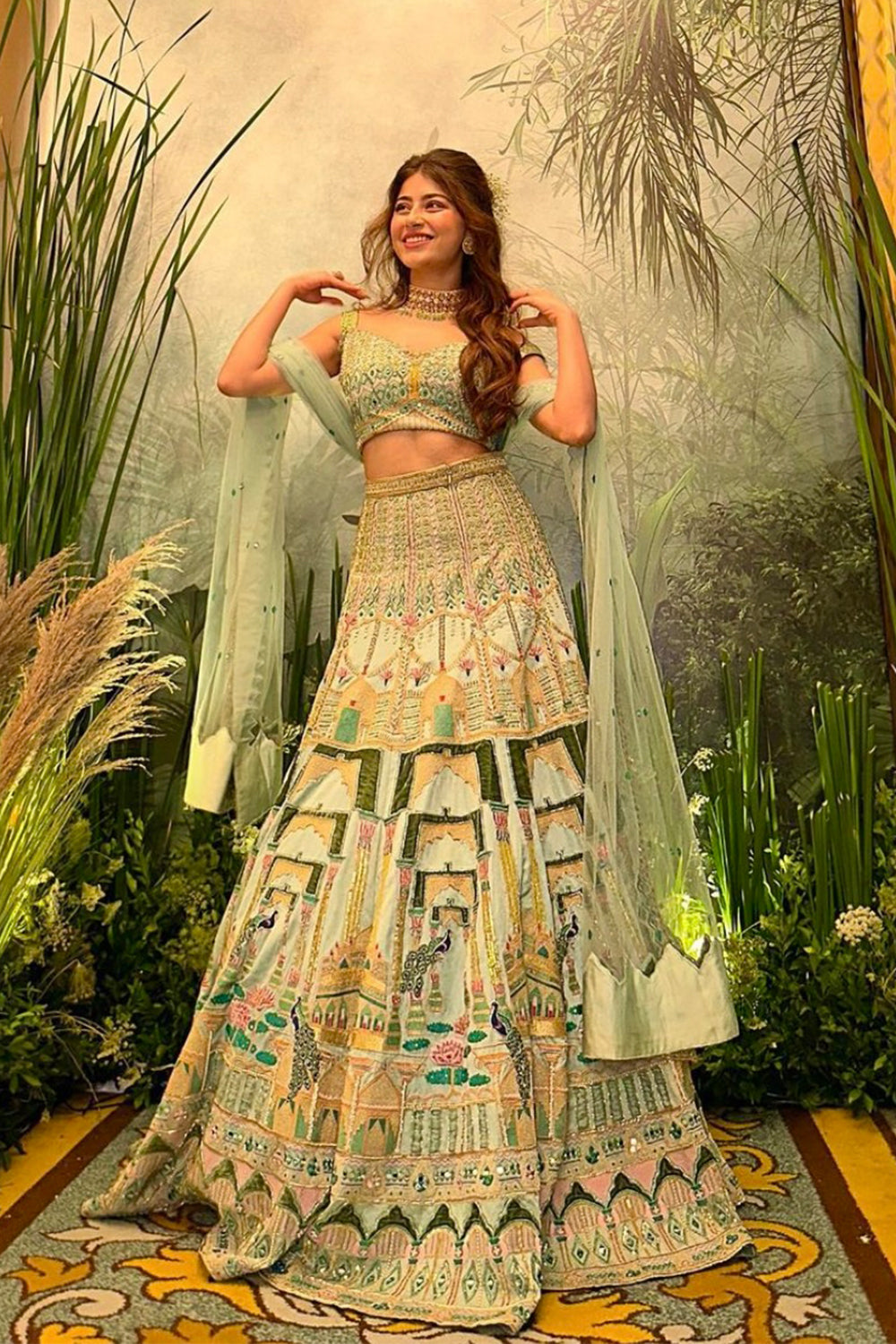 "Morni" Pastel Green Hand Embroidered Peacock Motifs Lehenga Set